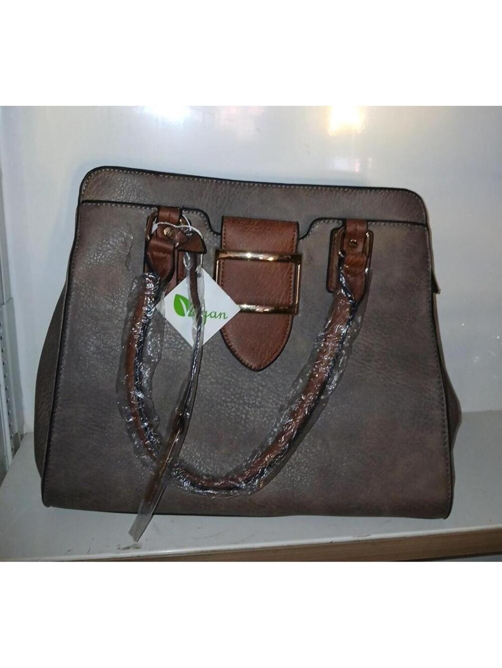 Vegan Faux Leather Structured Handbag with Gold Buckle Accent